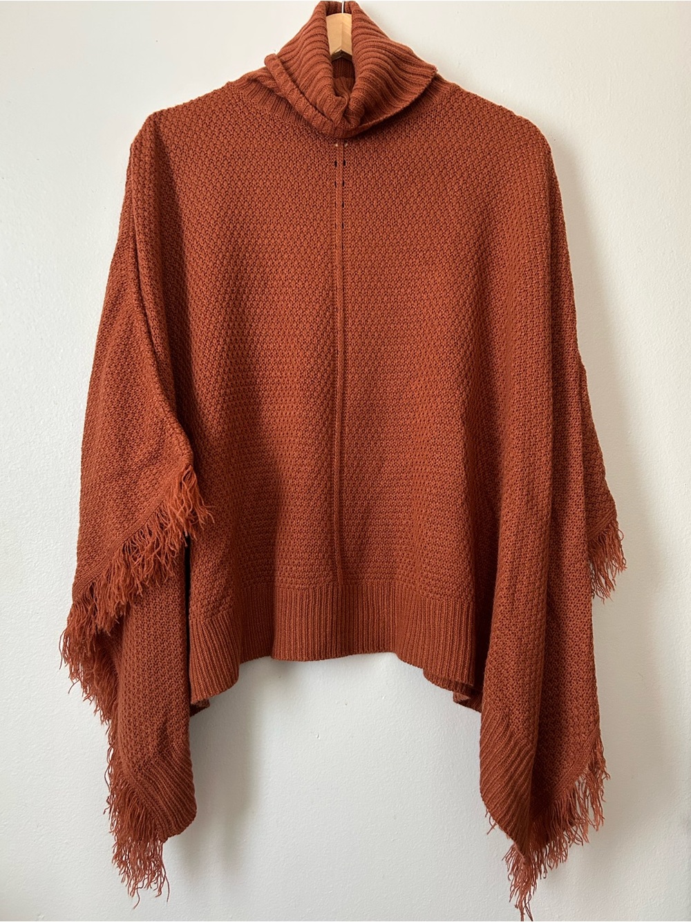 Oversized Rust Turtleneck Fringe Poncho Sweater